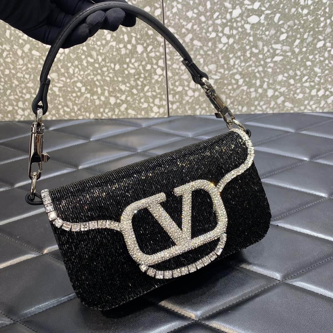 Valentino Garavani Loco Small Shoulder Bag in Black Embroidered With Leather 